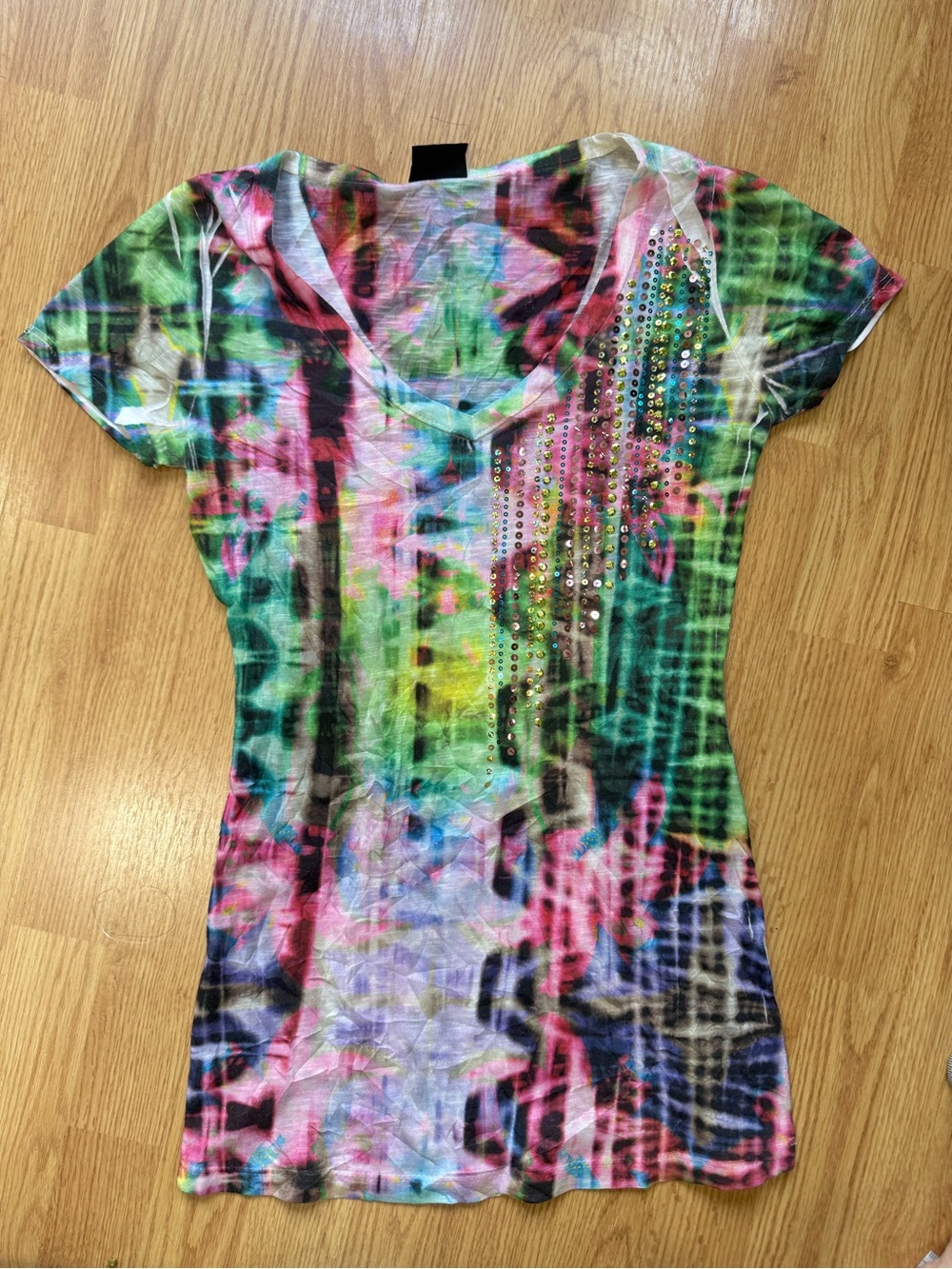 Y2K Rhinestone Sequin Abstract Mesh Top S